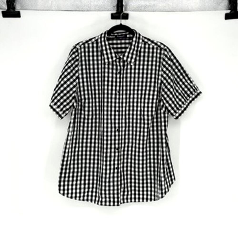 Women's Black and White Checked Short Sleeve Button Up Shirt - Plus 20W
